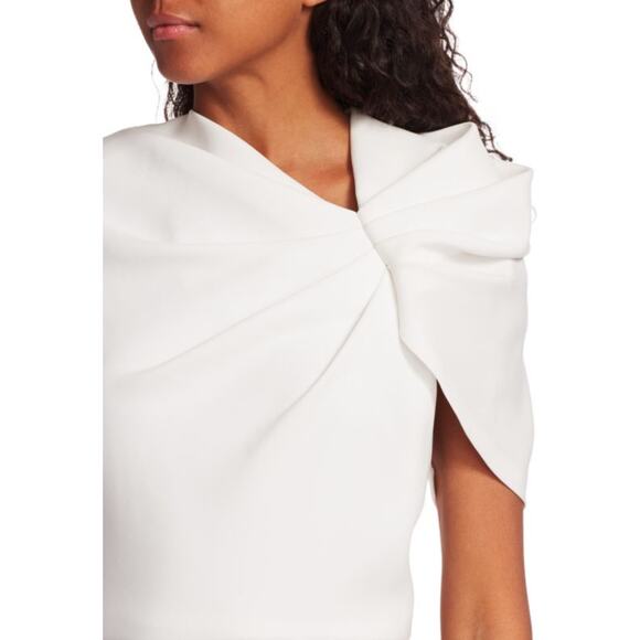 Alice + Olivia Kiro Ruffle-Shoulder Midi Sheath Dress in Bright White Size 4 - Picture 6 of 13